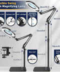 Diagram of adjustable 15X Floor And Desk Magnifying Glass With Light And Stand Hands Free Craft Hobby Tool showing dimensions