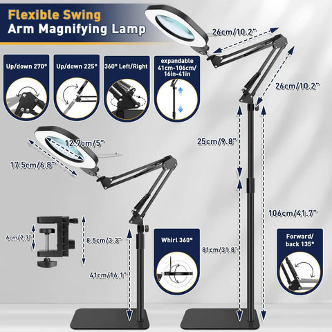 Diagram of adjustable 15X Floor And Desk Magnifying Glass With Light And Stand Hands Free Craft Hobby Tool showing dimensions