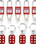 Lockout Tagout Kit With Clamp On Circuit Breaker Locks, Group Lockout Hasps, Safety Tags, Universal Multi Pole Breaker Lockout, And Portable Steel Tool Box For OSHA Compliant Lockout Procedures; red padlocks and hasps.