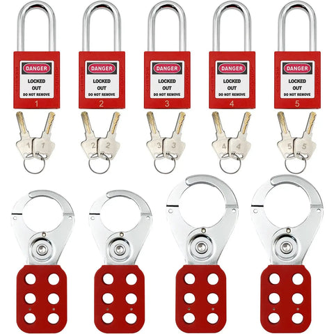 Lockout Tagout Kit With Clamp On Circuit Breaker Locks, Group Lockout Hasps, Safety Tags, Universal Multi Pole Breaker Lockout, And Portable Steel Tool Box For OSHA Compliant Lockout Procedures; red padlocks and hasps.