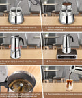 2 Cup Stovetop Espresso Maker In Stainless Steel Moka Pot For Home And On The Go Camping Italian Style Mocha Brew Pot Induction Compatible 100 Ml 3.3 Oz Quick 5 Minute Espresso Rich Aroma And Easy Pour with step-by-step brewing instructions.