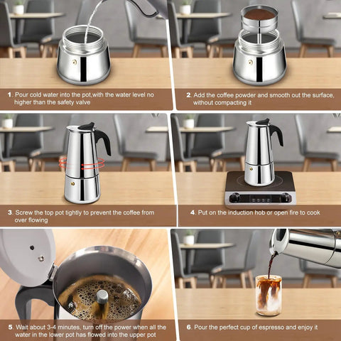 2 Cup Stovetop Espresso Maker In Stainless Steel Moka Pot For Home And On The Go Camping Italian Style Mocha Brew Pot Induction Compatible 100 Ml 3.3 Oz Quick 5 Minute Espresso Rich Aroma And Easy Pour with step-by-step brewing instructions.