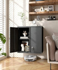 Locking Metal Wall Cabinet for Garage With Doors and Adjustable Shelf in living room setting with opened doors