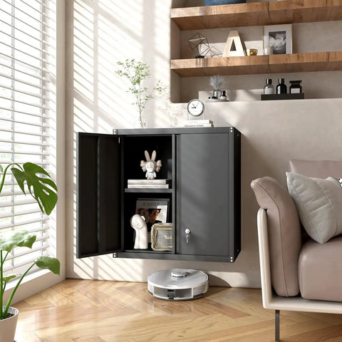 Locking Metal Wall Cabinet for Garage With Doors and Adjustable Shelf in living room setting with opened doors