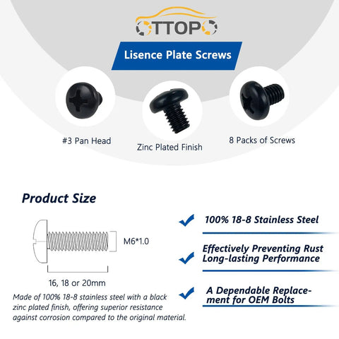 Black Rear License Plate Screws 8 Pack M6-1.0 Thread 16mm Length 18-8 Stainless Steel Built Tough For Most Cars With License Plate Brackets No Rust Finish