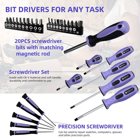 Purple Tool Set For Women 223-Piece Home Repair And DIY Kit With Drop Forged Steel Tools Ergonomic Plastic Handles screwdriver set