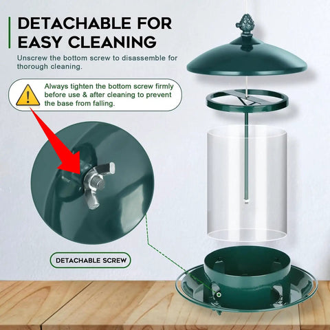Weatherproof Metal Bird Feeder Outdoors With 360 Degree Feeding Tray Squirrel Resistant Design And Hanging Capability Green Holds 2 Lb Seeds Built Tough To Handle The Elements, disassembled view showing lid, screw, and tray.
