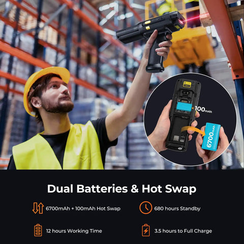 Worker using Beast Mode Long Range Android 13 PDA Barcode Scanner With Zebra 4850 in warehouse, focus on dual battery feature.