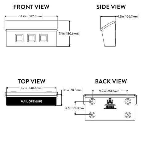 Technical drawing of Wayland Wall Mounted Mailbox For Outside Weatherproof Rust Resistant Galvanized Steel Black With Powder Coated Finish.