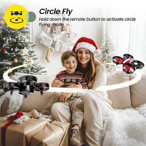 Mini Drone For Kids And Beginners Indoor RC Nano Quadcopter With Auto Hovering near a family by a Christmas tree