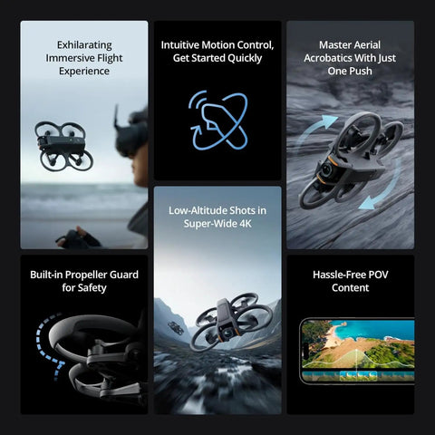 Avata 2 FPV Drone Fly More Combo with intuitive controls, propeller guard, 4K camera in action, showcases multiple angles and features.