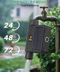 Solar Powered WiFi Sprinkler Timer With Rain Delay Manual And Automatic Modes, Alexa And Smart Life App Control, USB C Backup Charging, Garden Hose Watering Controller For Lawns And Yards attached to outdoor faucet.