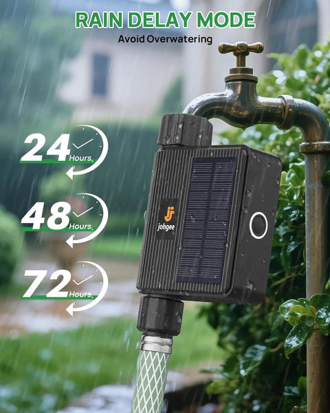 Solar Powered WiFi Sprinkler Timer With Rain Delay Manual And Automatic Modes, Alexa And Smart Life App Control, USB C Backup Charging, Garden Hose Watering Controller For Lawns And Yards attached to outdoor faucet.