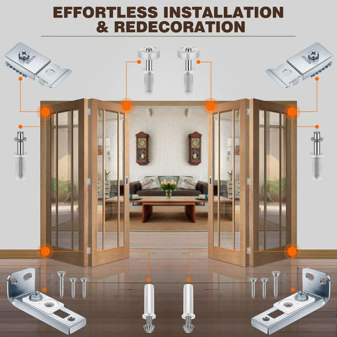 Diagram showcasing sturdy bifold door hardware kit with top and bottom brackets, guide wheels, pivots, for smooth quiet sliding.