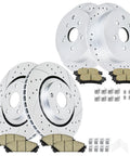 Front And Rear Drilled And Slotted Brake Rotors And Ceramic Brake Pads Kit For 2010-2015 Lexus RX350 RX450h 2011-2020 Toyota Sienna 2014-2019 Highlander No Brainer Brake Upgrade, featuring metallic rotors and beige ceramic pads in a complete kit with installation accessories included.