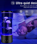 Lava Lamp Style Night Light With 16 Color Changing RGB LEDs beside sleeping child and mother, gradient illumination.