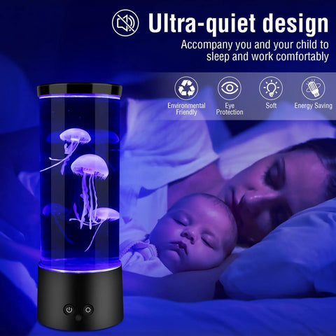 Lava Lamp Style Night Light With 16 Color Changing RGB LEDs beside sleeping child and mother, gradient illumination.