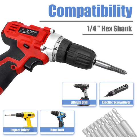 Drill with Ten Piece Damaged Screw Remover Kit With One Quarter Inch Hex Shank High Speed Steel For Easy Out Of Stripped Screws