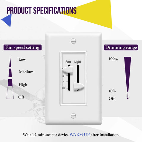 Three Speed Ceiling Fan Control Plug And Play With LED Dimmer Light Switch For Dimmable LED And Incandescent Load Two And A Half Amp Single Pole No Neutral Wire Required White 17001F3W shown with fan speed and dimming range