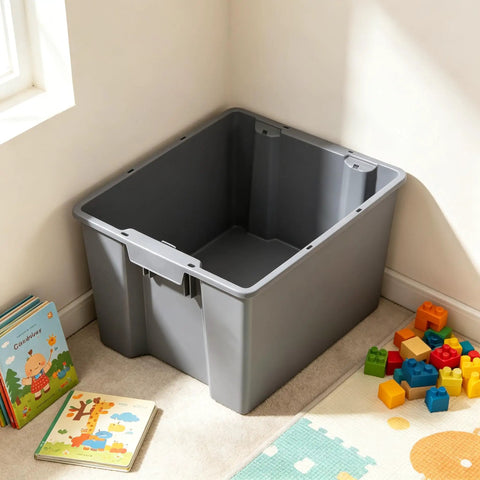 Medium Open Top Stackable Plastic Storage Bin With Reinforced Carry Handles Heavy Duty Gray Utility Tote Built Damn Tough For maximum home and garage organization needs in a corner with toys.