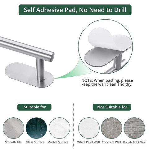 Self Adhesive Bathroom Hardware Set With 16 Inch Towel Bar SUS304 Stainless Steel Wall Mount No Drill Stick On Kit Installation