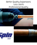 Six Piece Drill Bit Swaging Tool Set For Expanding Copper And Aluminum Tubes Includes One Quarter Inch, Three Eighths Inch, One Half Inch, Five Eighths Inch, Three Quarters Inch, Seven Eighths Inch Bits For HVAC And Plumbing Retrofit Spin S6000 shown in use with copper tubing.