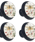 4 Pack Black Base Crystal Glass Kitchen Cabinet Knobs With Dope Vintage Dragonflies And Wildflowers Floral Design Decorative Drawer Pulls For Doors Cupboards Wardrobes Dresser Hardware 35mm Top Diameter
