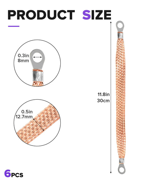 Heavy Duty 6 Pack Copper Braided Automotive Ground Straps With Terminal Plugs size detail showing dimensions and loop ends.
