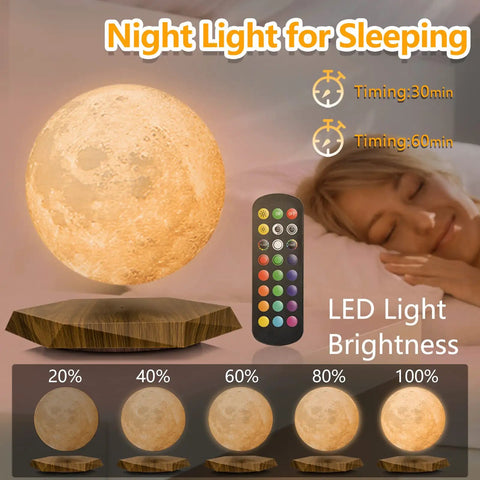 Levitating Moon Lamp With Remote, 6 Inch Floating 3D LED Moon Light With 18 Colors, Magnetic Spinning Base next to sleeping woman