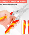 Hand holding No Sweat Folding Wire Stripper Crimper 14 In 1 Multifunctional Pliers with insulated red and yellow handles.