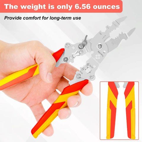 Hand holding No Sweat Folding Wire Stripper Crimper 14 In 1 Multifunctional Pliers with insulated red and yellow handles.