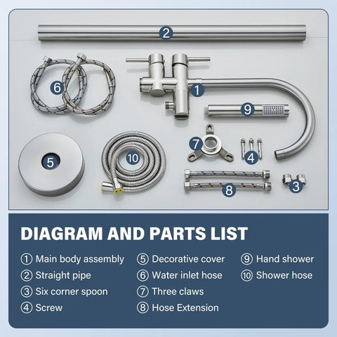 Diagram of parts for Freestanding Bathtub Faucet In Brushed Nickel, Floor Mounted Tub Filler With Handheld Shower, 360 Swivel Spout