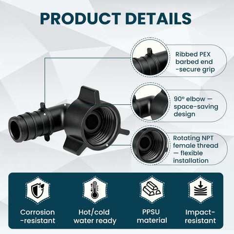 Dead Simple Swivel Elbow Plumbing Fittings For Pex Pipe Built Tough 1/2 Inch To 1/2 Inch Npt Threads Heavy Duty 5 Pack with ribbed PEX barbed end and rotating NPT thread.