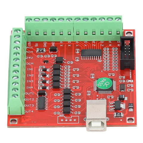 4 Axis CNC Breakout Board Motion Controller Card With 100KHz Step Pulse Frequency USB Interface For Stepper And Servo Motors Dope Performance Supports Probes Emergency Input Limit Switches And Handwheel Manual Control, red PCB