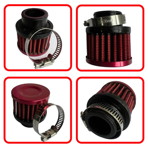 25mm Universal Air Intake Filter For 1 Inch Intake Cold Air Filter Auto Breathe Vent Crankcase Cleaner With Adjustable Clamp On Breather Fits Car And Motorcycle Red, showing various angles.