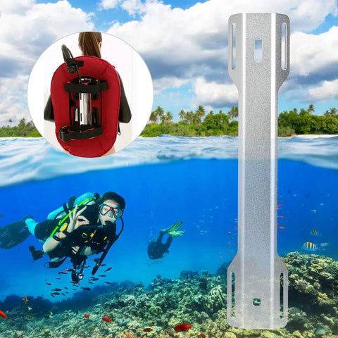Backplate Tank Adapter For Scuba Gear, Universal Aluminum Alloy Connector shown underwater with diver and gear
