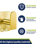 Heavy Duty Self Adhesive Wall Hooks Built Different, Stainless Steel Sticky Towel Holder With Knockout Grip For Bathroom Shower Or Kitchen, Hang Heavy Coats Without A Sweat, Gold Finish, 2 Pack, waterproof and rustproof design.