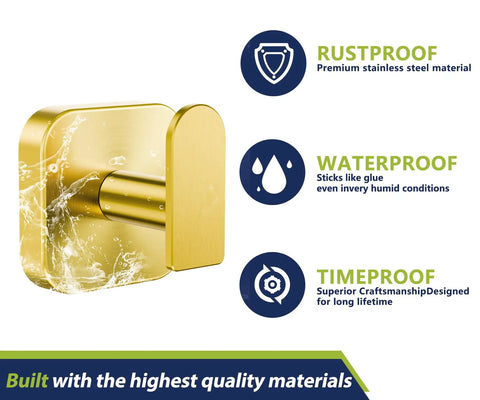Heavy Duty Self Adhesive Wall Hooks Built Different, Stainless Steel Sticky Towel Holder With Knockout Grip For Bathroom Shower Or Kitchen, Hang Heavy Coats Without A Sweat, Gold Finish, 2 Pack, waterproof and rustproof design.
