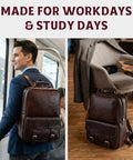 Man inside train wearing Genuine Burgundy Leather Laptop Backpack For Work And Travel On The Go, bag on chair with laptop nearby