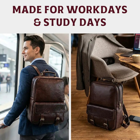 Man inside train wearing Genuine Burgundy Leather Laptop Backpack For Work And Travel On The Go, bag on chair with laptop nearby