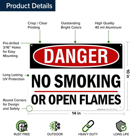 Straight Up Danger No Smoking Or Open Flames Sign 10X14 Inches.040 Rust Free Aluminum Fire Safety Warning Plaque with pre-drilled holes.