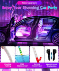 RGB Interior Car Strip Lights With Smart App Control And Music Sync Under Dash Footwell Neon Lighting Kit Multicolor 12V LED Strip Lights For Cars Trucks SUVs With Car Charger 1 Set displayed inside a car showcasing colorful glow and features.
