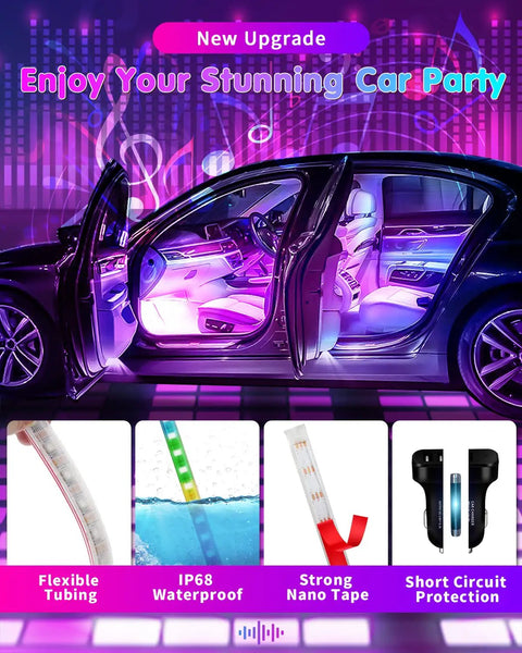 RGB Interior Car Strip Lights With Smart App Control And Music Sync Under Dash Footwell Neon Lighting Kit Multicolor 12V LED Strip Lights For Cars Trucks SUVs With Car Charger 1 Set displayed inside a car showcasing colorful glow and features.
