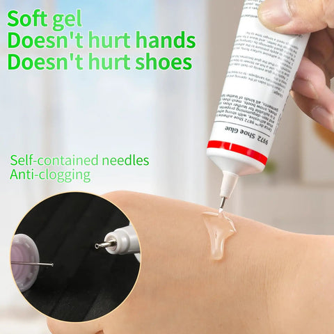 Heavy Duty Shoe Glue For All Shoes, Clear Waterproof Sole Repair Adhesive being applied with needle for precision.