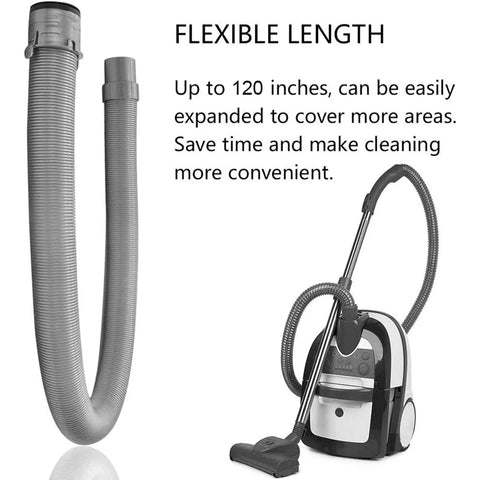 Replacement Vacuum Hose For Navigator Series No Sweat Easy Install Durable Flexible Hose Fits NV22 NV44 NV46 NV60 NV70 NV80 NV355 UV400 UV410 1114FC 1114FJ 162FFJ, shown with vacuum cleaner and flexible length text, gray color.
