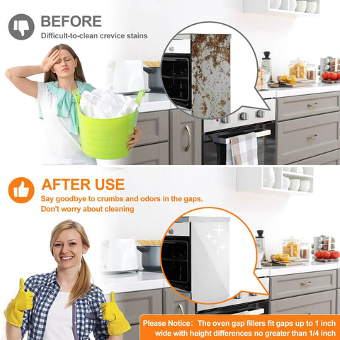 Before and after images showing kitchen gaps before and after using Silicone Stove Gap Covers Two Pack 21 Inch Gap Filler.
