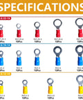 14 Size Insulated Ring Terminal Kit With Stud Sizes One Quarter And Five Sixteenths, Copper Tin Plated Eyelet Terminals