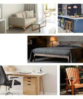 Various furniture designs including a sofa, kitchen, bed, desk, and outdoor chair showcasing modern decor.