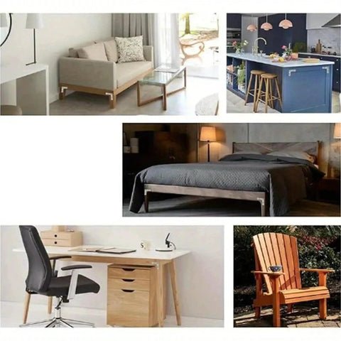 Various furniture designs including a sofa, kitchen, bed, desk, and outdoor chair showcasing modern decor.