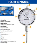 Spurtar dial indicator with magnetic base, 0-1 inch range, front view; blue bit-set kit beside.